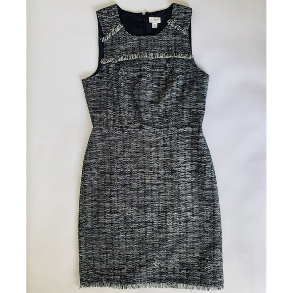 J Crew Dress Women 4 Navy Blue Metallic Tweed Sheath Fringe Career Preppy Office - Picture 1 of 12